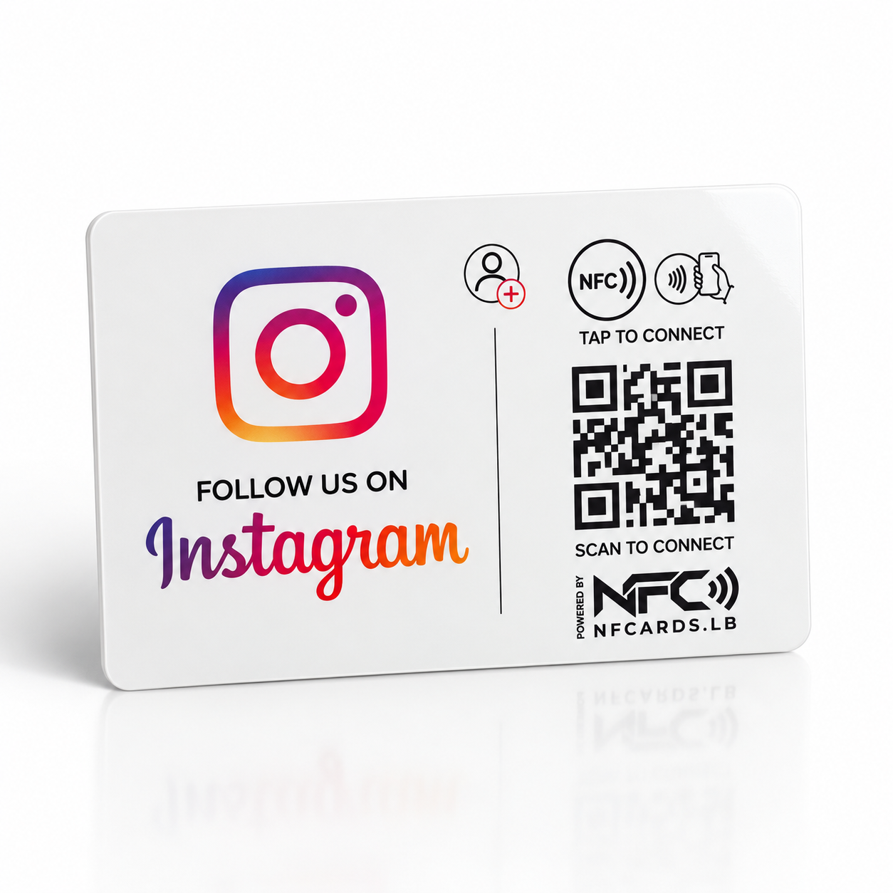 Instagram NFC small card with follow prompt, NFC symbol, QR code and NFCARDS.LB logo.